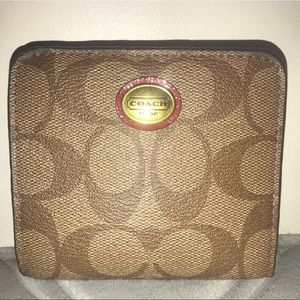 Coach Signature Wallet Brown Tan Red Bi-Fold Snap